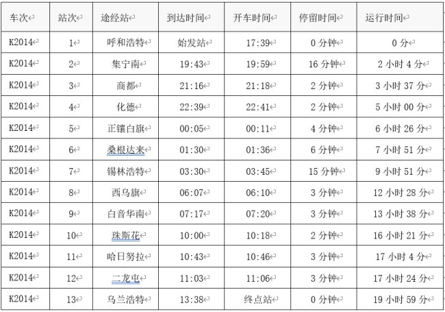 呼市到锡林浩特市的火车时间表