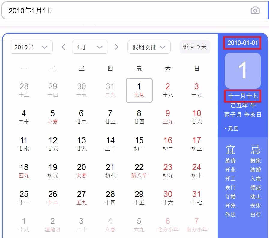 2010年元月1号阴历是多少