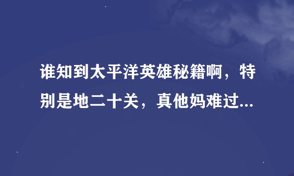 谁知到太平洋英雄秘籍啊，特别是地二十关，真他妈难过，打了很多次过不去，拜托了啊