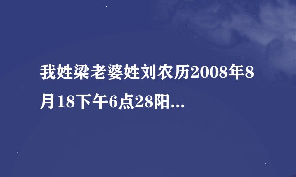 我姓梁老婆姓刘农历2008年8月18下午6点28阳历2008年9月17生一个女儿想请各位帮我起个好名字