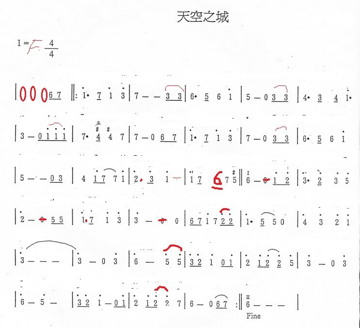 高分求 《天空之城》 F 调 笛子谱(简谱) 最好以炎亚纶的长笛独奏为蓝本。。