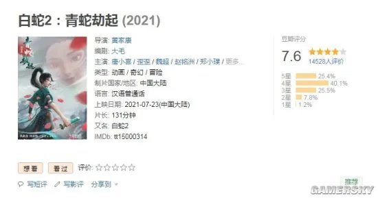 《白蛇2：青蛇劫起》豆瓣评分7.6分：顶级画面技术