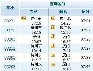 杭州到厦门的动车