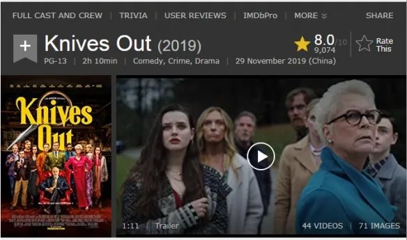 《利刃出鞘》口碑爆了！克里斯·埃文斯主演豆瓣评分8.5