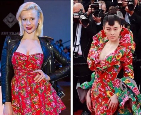 俄女星撞衫张馨予 床单袄走出国门洋气十足！