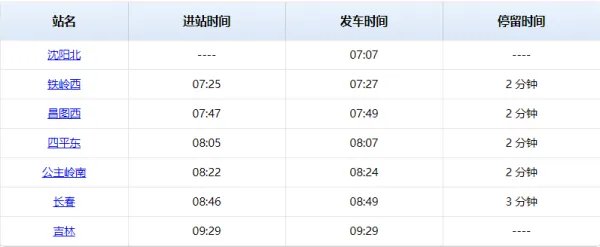 沈阳到长春火车时刻表查询