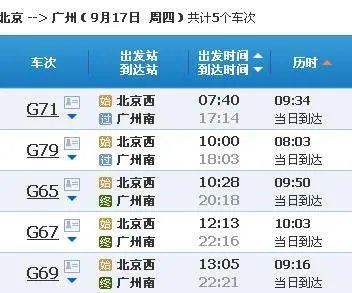 京广高铁动车时刻表