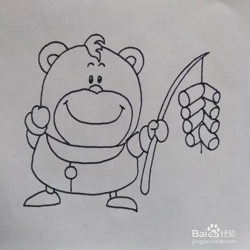 怎么画一只正在放鞭炮的小熊卡通儿童简笔画？