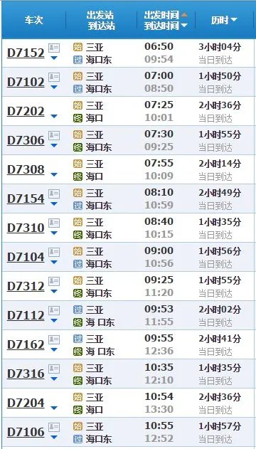 三亚到海口动车时刻表