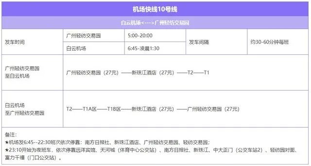 广州白云机场大巴线路时刻表？
