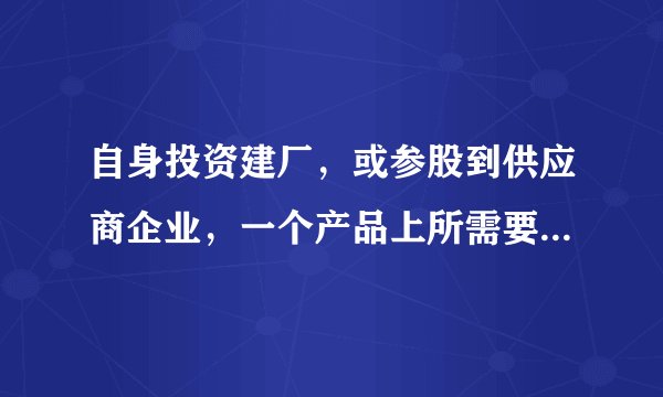 自身投资建厂，或参股到供应商企业，一个产品上所需要的各种零部件基本都是自己在企业内由各个工厂加工出来的，这就是“纵向一体化”（verticalintegration）