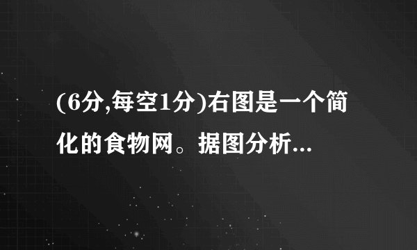 (6分,每空1分)右图是一个简化的食物网。据图分析回答下列问题:(1)、该食物网由________条食物链组成。(2)、其中的初级消费者是_______。(3)、处于第三营养级的生物有_______种。(4)、对图中蜘蛛与青蛙的种间关系的描述应包括_______和_____。(5)、生态系统的4种成分中,该图上只体现了两种成分,未体现的另两种成分是_________。
